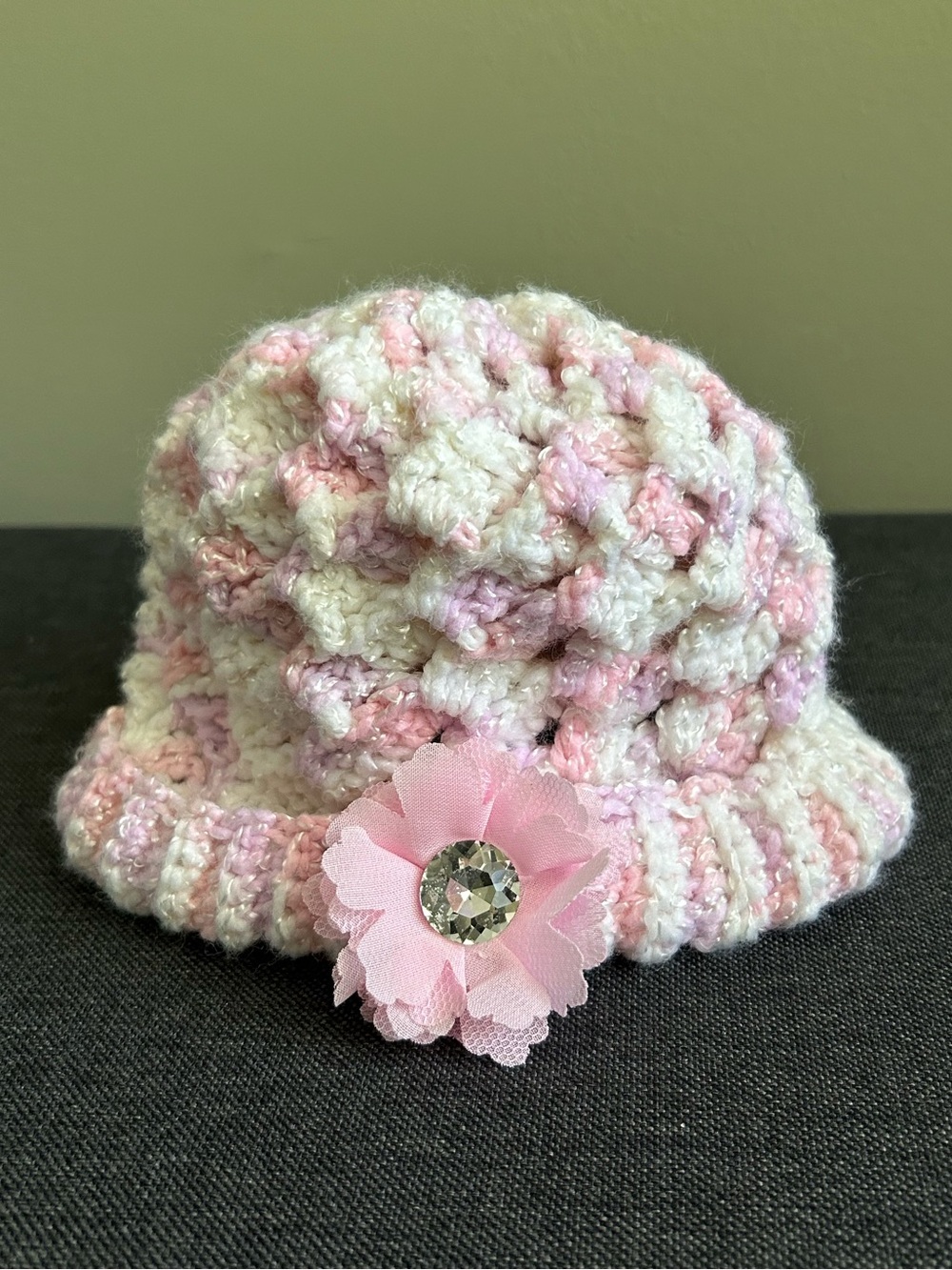 Handmade Pink & White Crochet Baby Girl Hat with Flower Accent